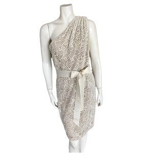 Tadashi Shoji Embroidered Cream Dress 12 One Shoulder Lace White Beige Sheath